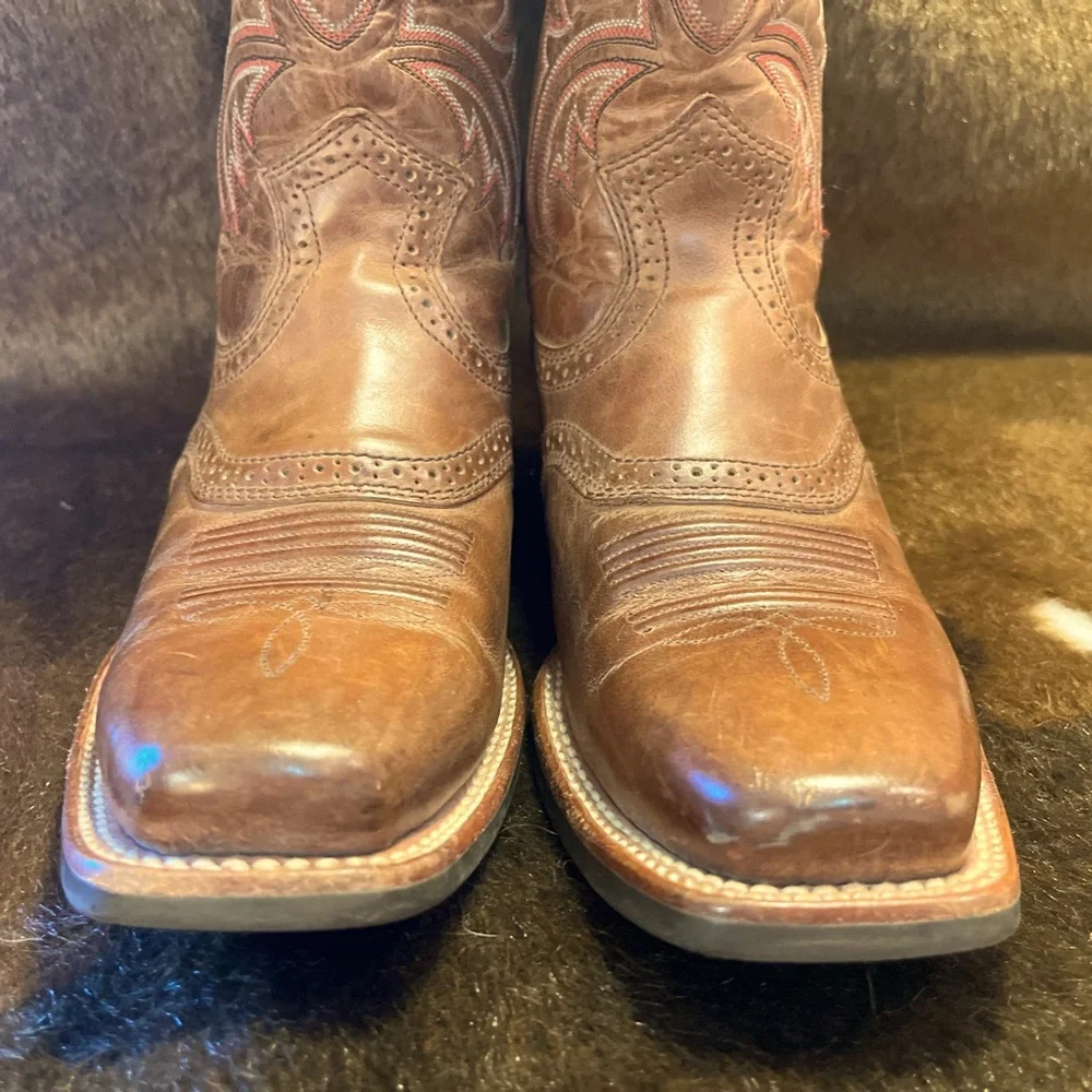 BROWN BOOTS SQUARE TOE RIDING HEEL LADY 8 MEN 7D ARIAT SPUR SHELF STITCH UNISEX - Picture 15 of 15